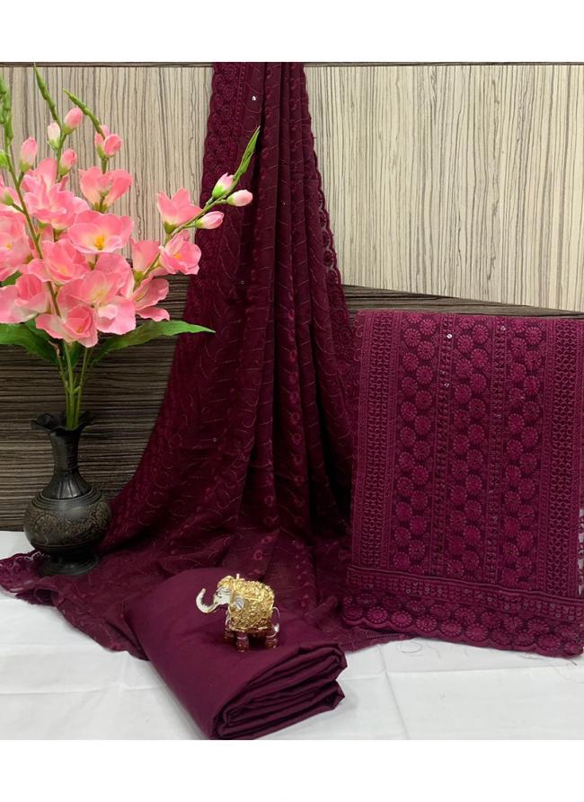 Georgette Burgundy Festival Wear Chikankari Work Dress Material